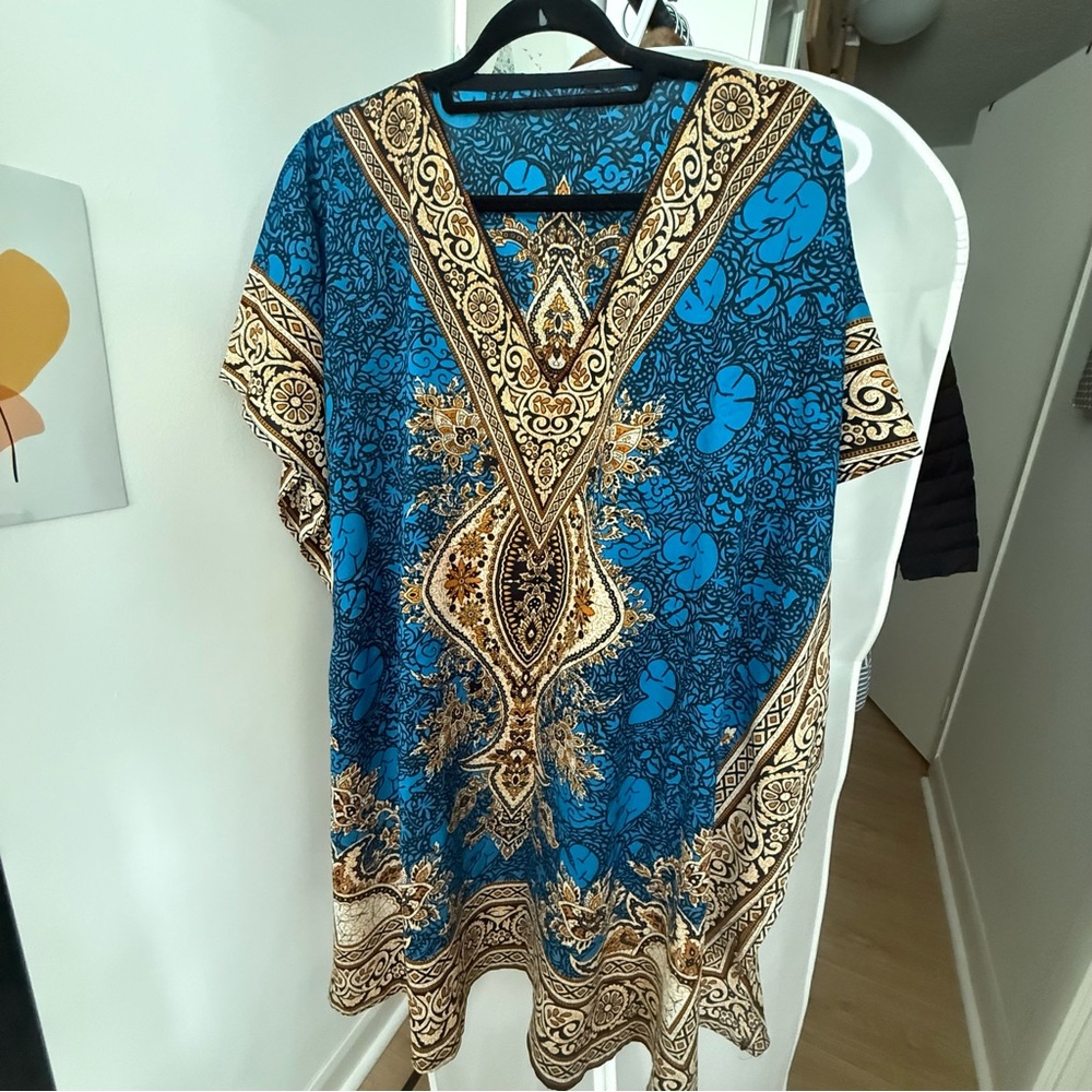 Blue and Gold Swim Coverup with Ornate Design